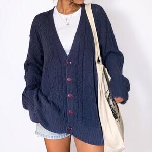 Vintage 90s Kenneth Roberts Ramie Cotton Blue Cable Knit Oversized Cardigan L